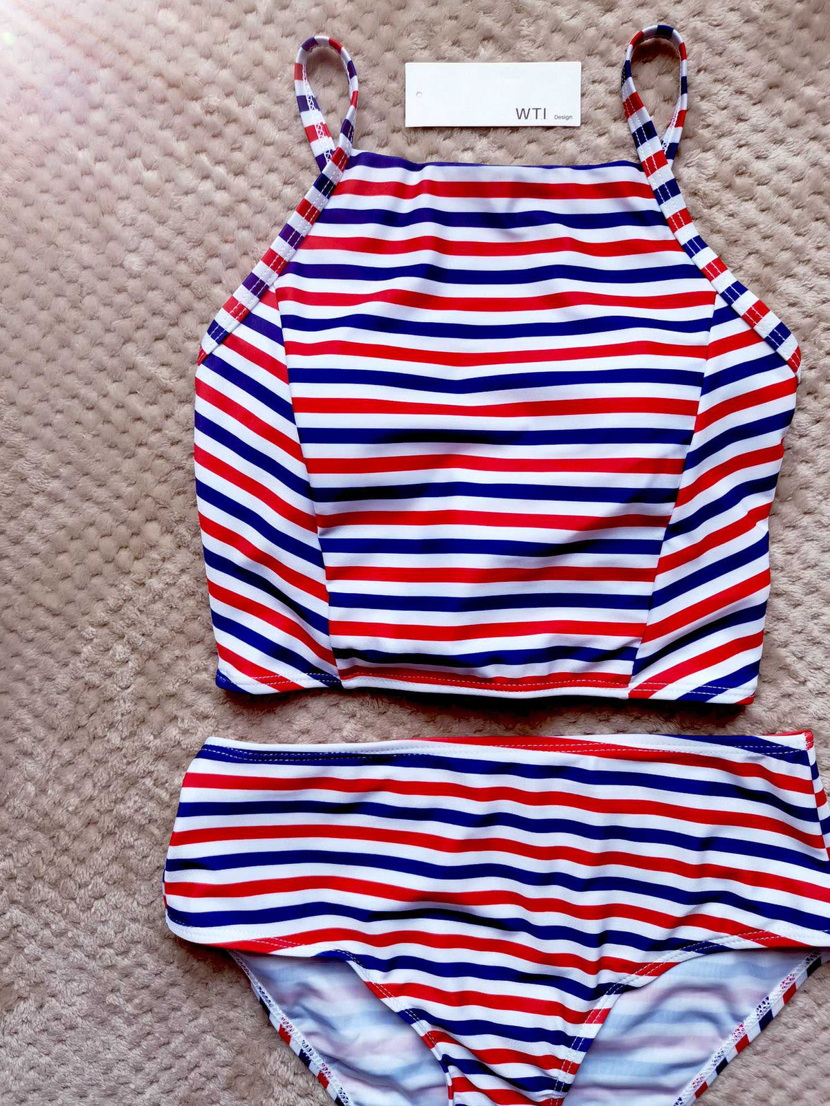 Lace Up Back High Neck Two Piece Swimsuit Crop Tank High Top Bikini Set - worthtryit.com