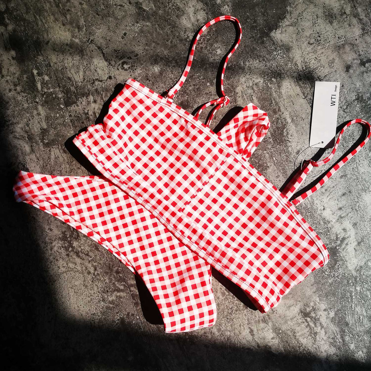 Red Gingham Crop Top High Cut Bikini Set - worthtryit.com