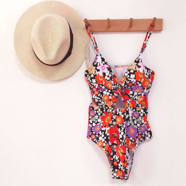 Floral Print Twist Front One Piece Swimsuit