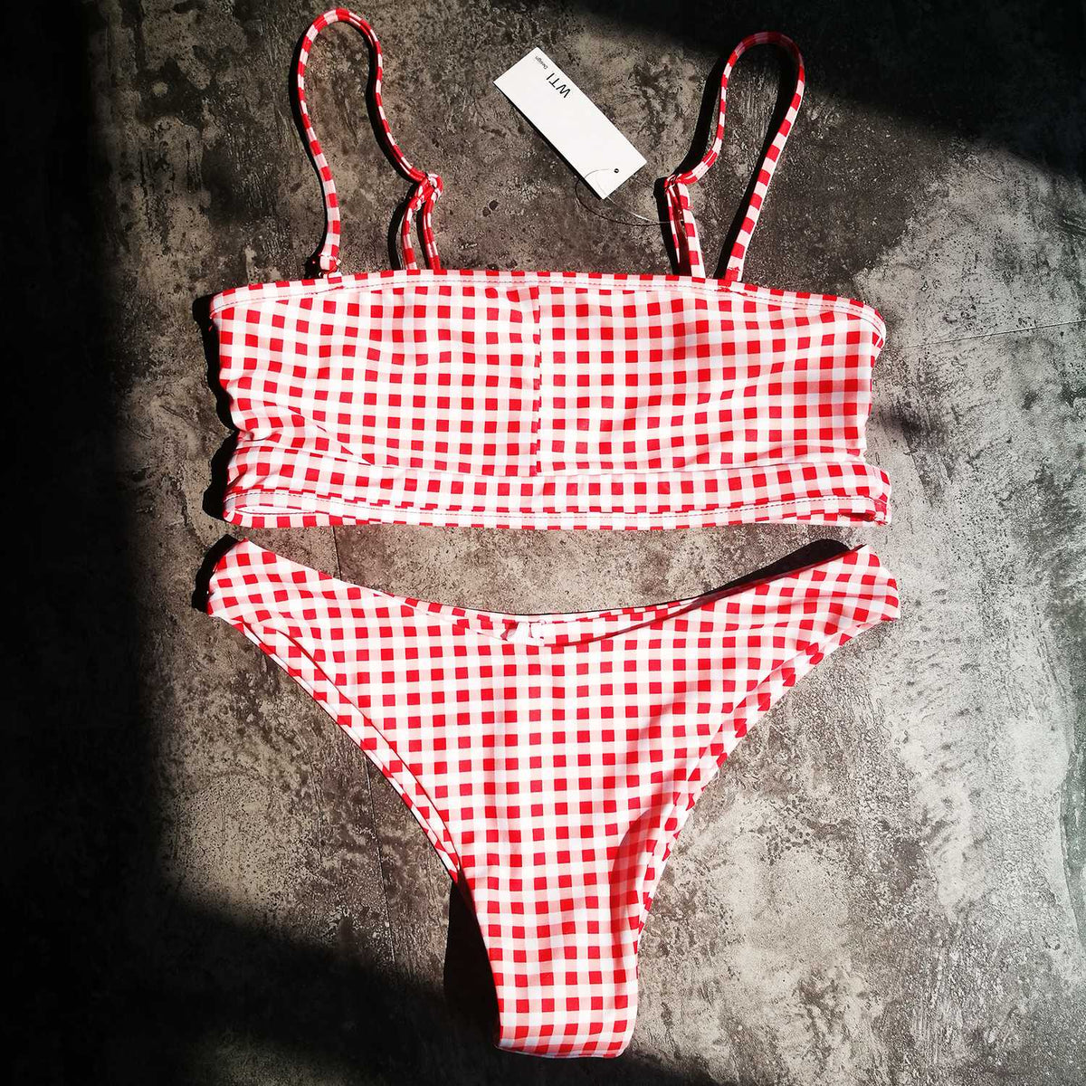 Red Gingham Crop Top High Cut Bikini Set - worthtryit.com