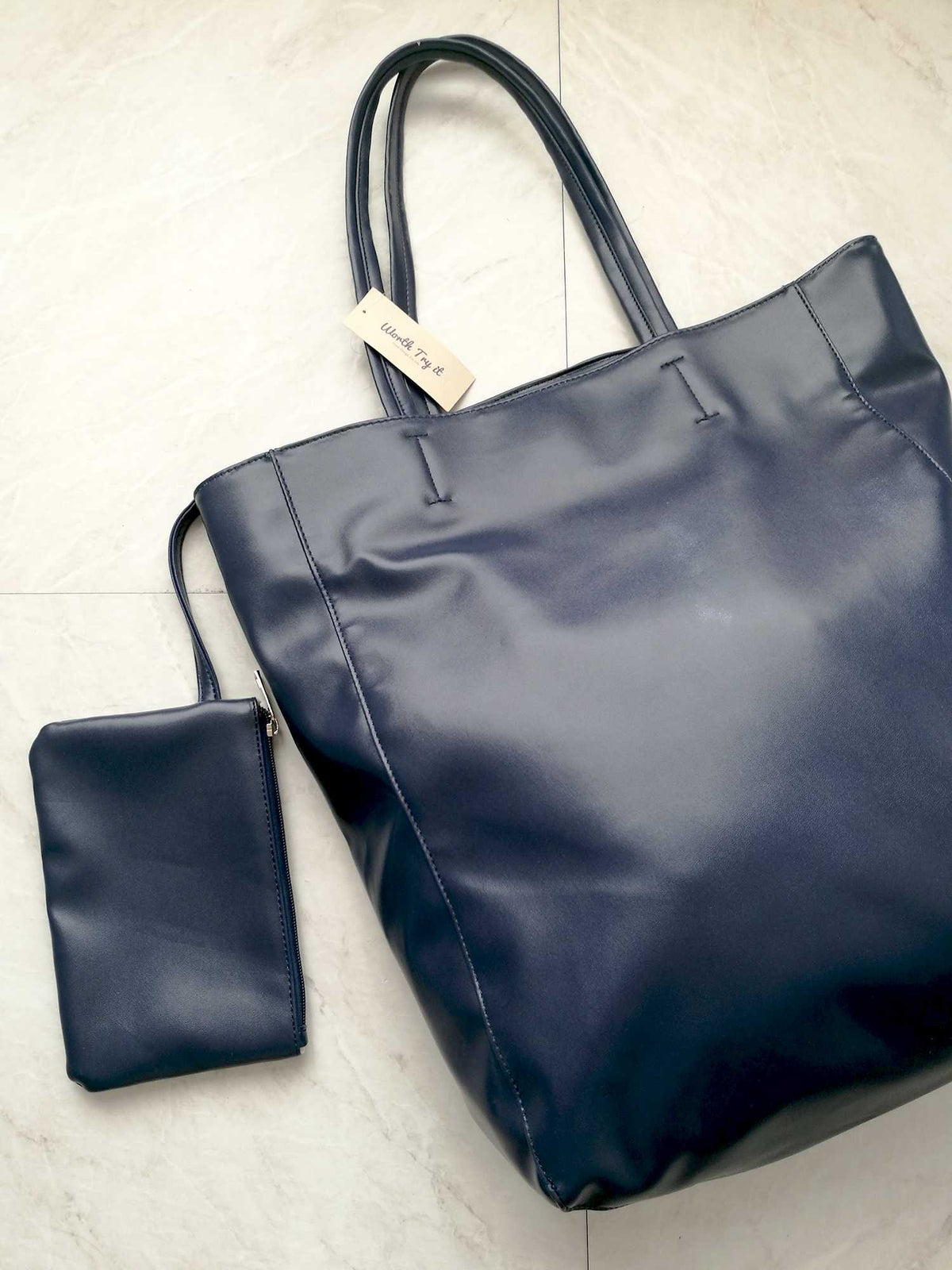 Oversized Eco Vegan Leather Lambskin Tote Bag 16.7" With Little Purse Inside - worthtryit.com