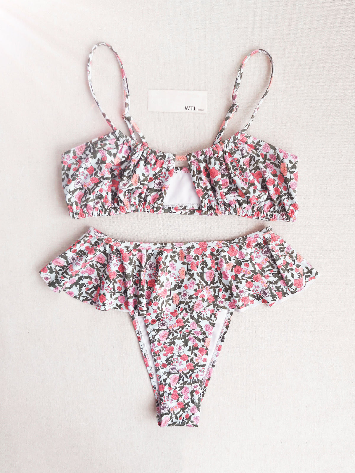 Floral Double Straps Ruffle High Waist Bikini Swimsuit