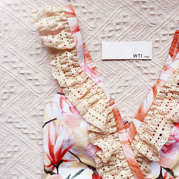 Floral Print V Neck Lace Straps One Piece Swimwear - worthtryit.com