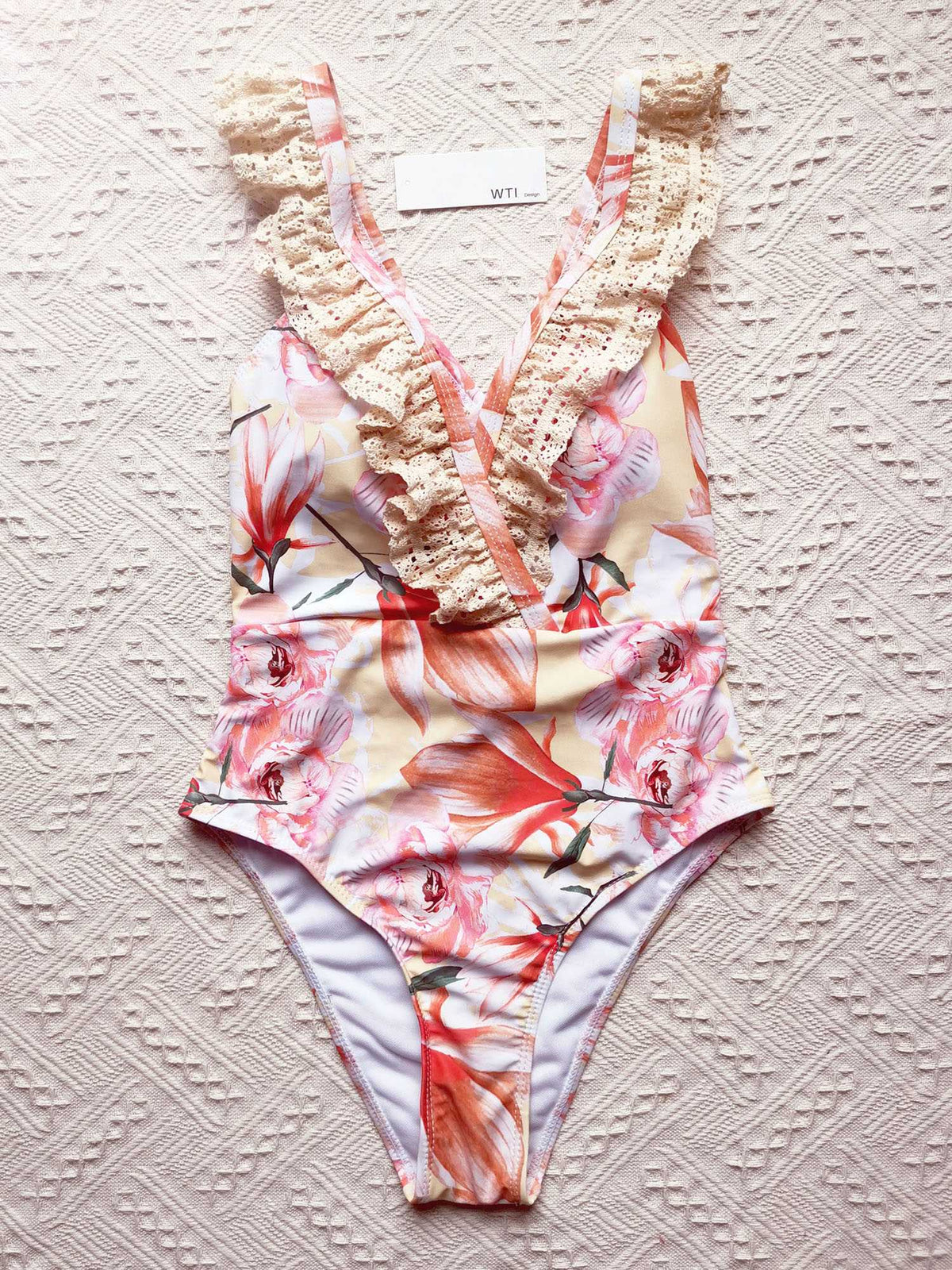 Floral Print V Neck Lace Straps One Piece Swimwear - worthtryit.com