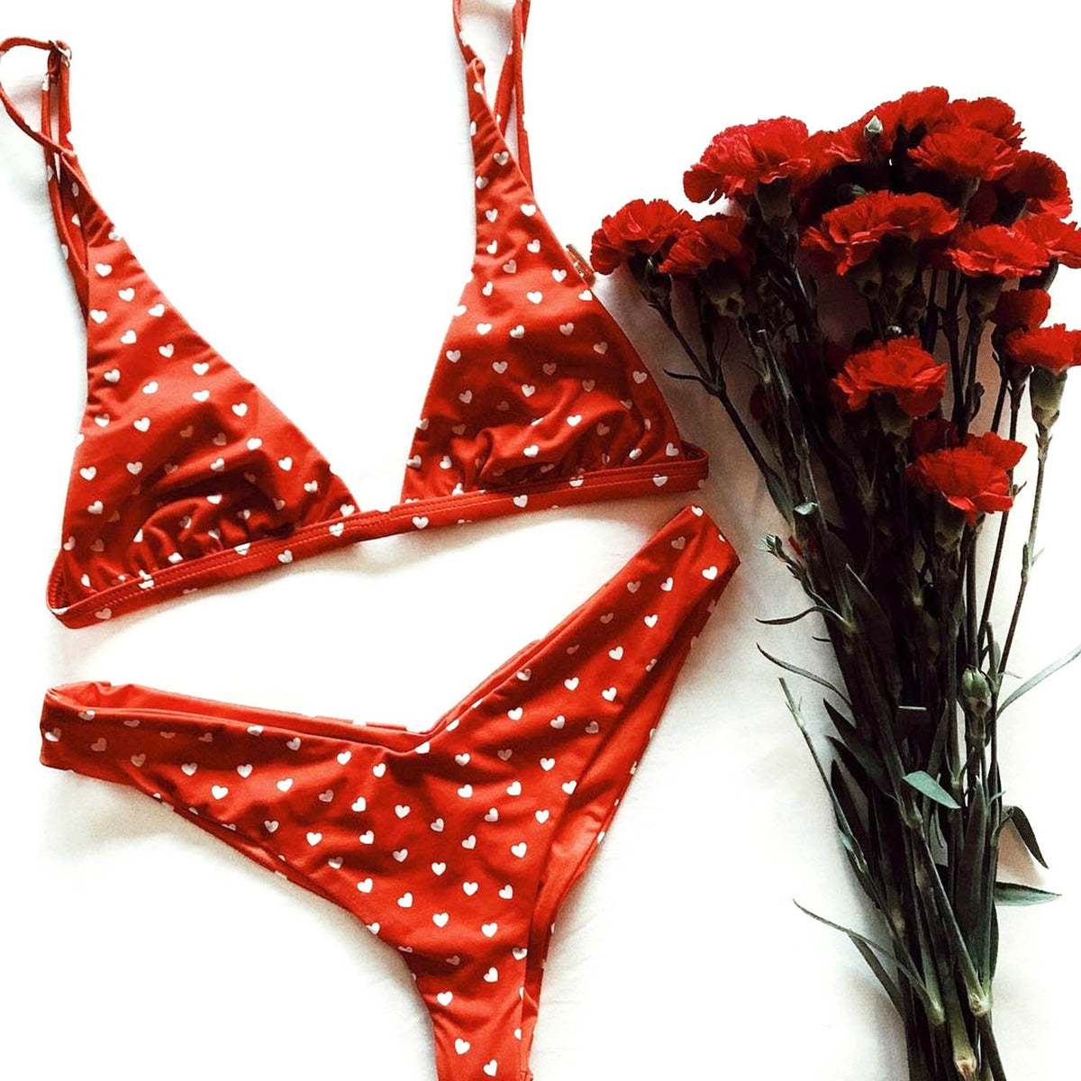 Heart Print Triangle Bikini Set - Red - worthtryit.com