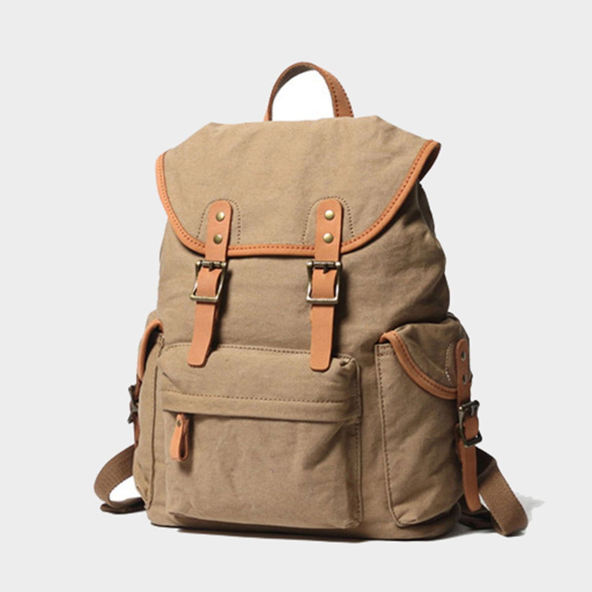 Vintage Style Canvas & Leather Rucksack Backpack 14" - worthtryit.com