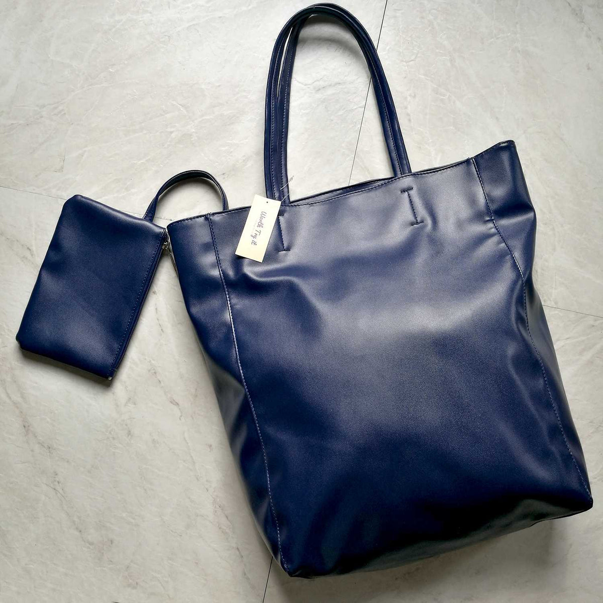 Oversized Eco Vegan Leather Lambskin Tote Bag 16.7" With Little Purse Inside - worthtryit.com