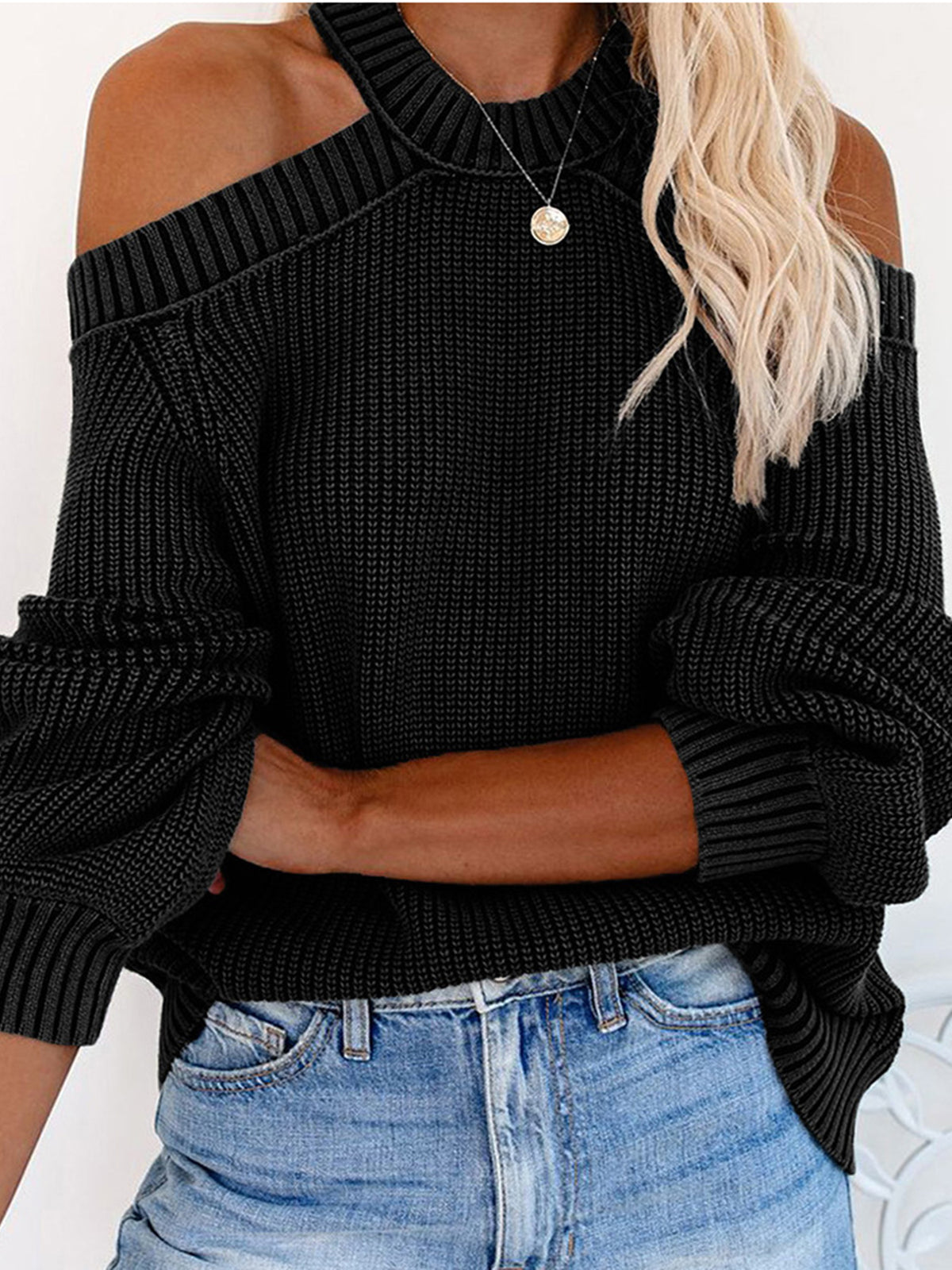 Mock Neck Cold Shoulder Knit Sweater