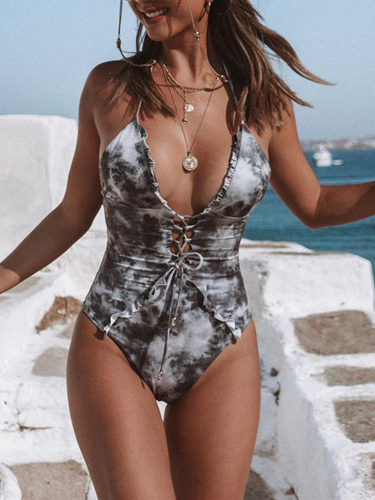 Marble Print Lace Up Front One Piece Swimsuit - worthtryit.com