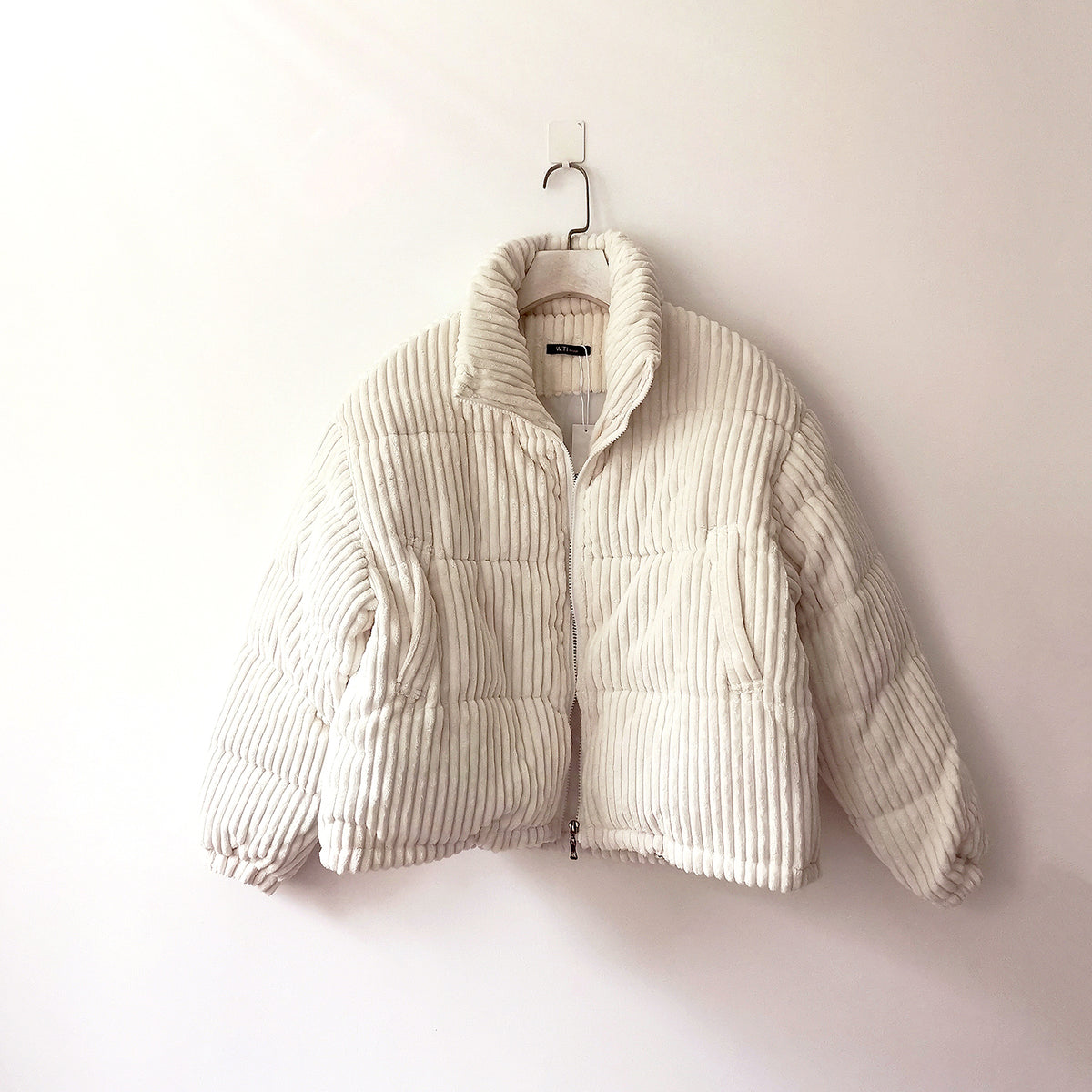Stand Up Cord Puffer Jacket-Cream