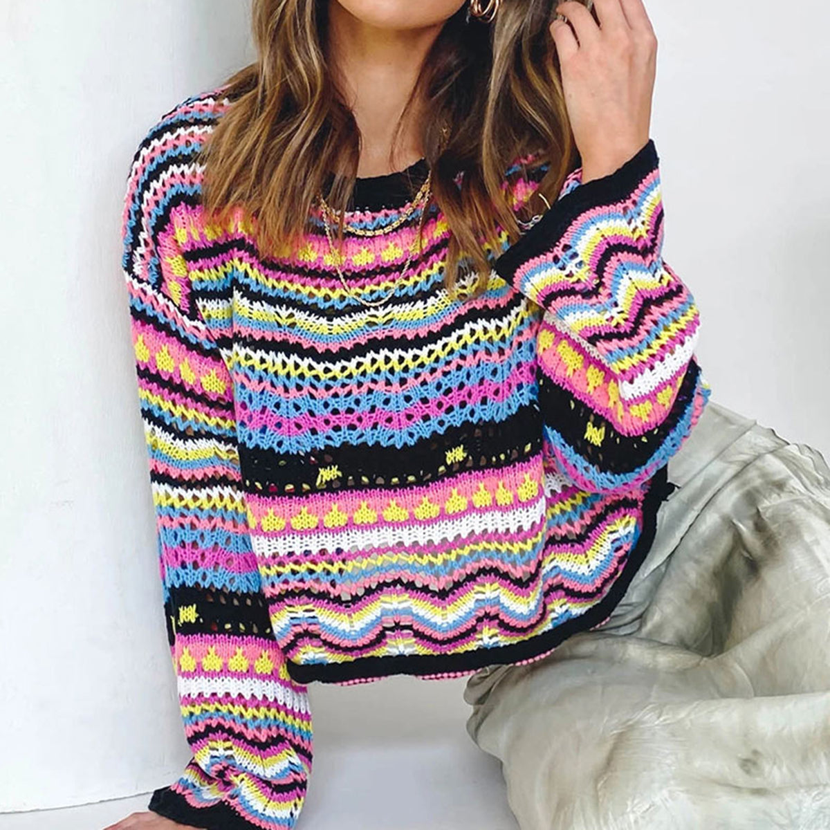 Rainbow Knit Flare Sleeves Pullover