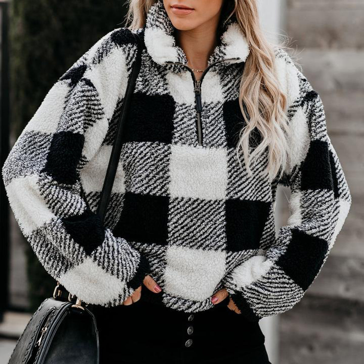 Checked Zip Stand-Up Fleece Sweater