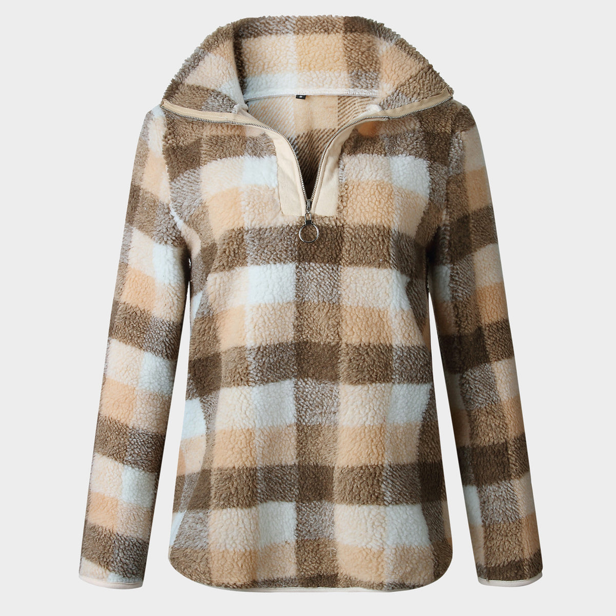 Checked Zip Stand-Up Fleece Sweater - worthtryit.com