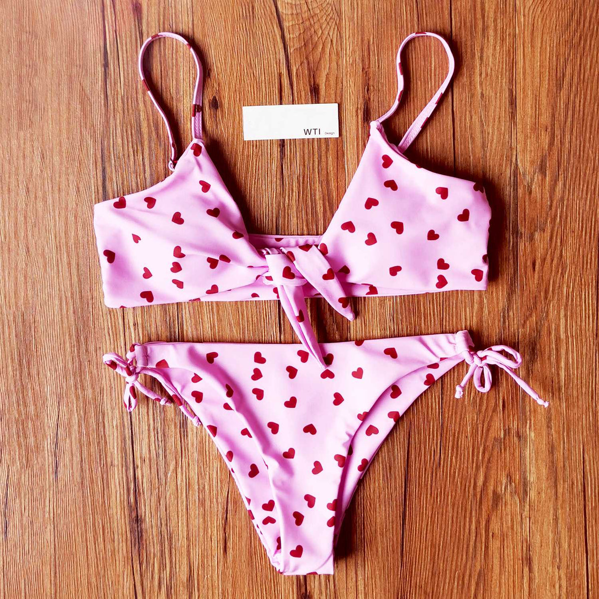 Heart Print Front Tie Bikini Swimsuit - worthtryit.com