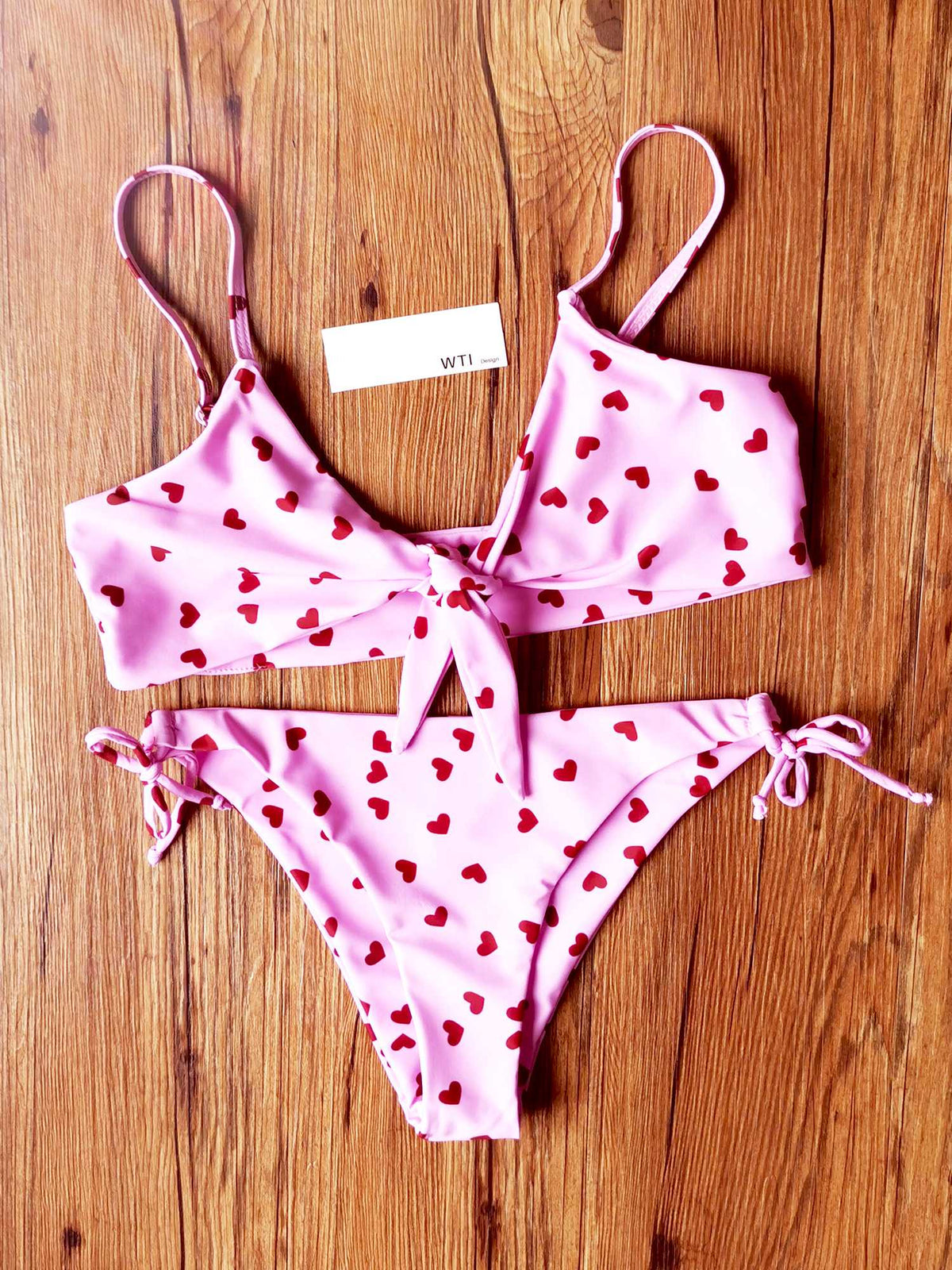 Heart Print Front Tie Bikini Swimsuit - worthtryit.com