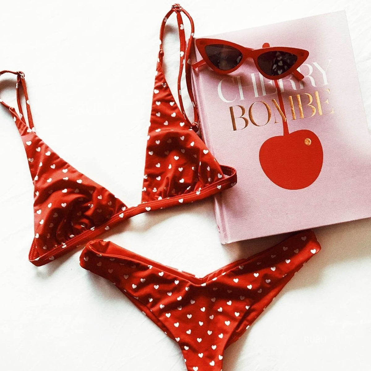 Heart Print Triangle Bikini Set - Red - worthtryit.com