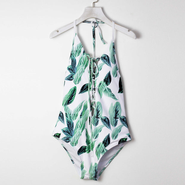 Leaves Print Lace Up One Piece Bikini Set - worthtryit.com