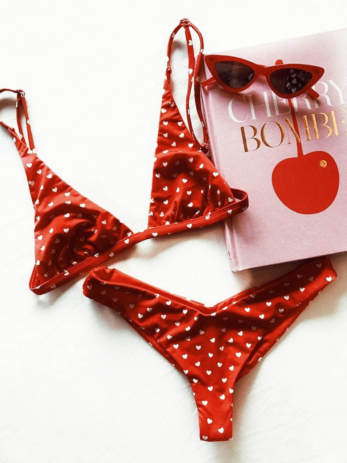 Heart Print Triangle Bikini Set - Red - worthtryit.com