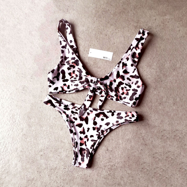 Leopard Front Tie Bikini Swimsuit - worthtryit.com