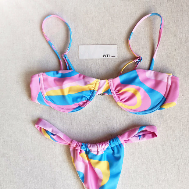 Colorful Marble Underwire & Triangle Bikini Swimsuit