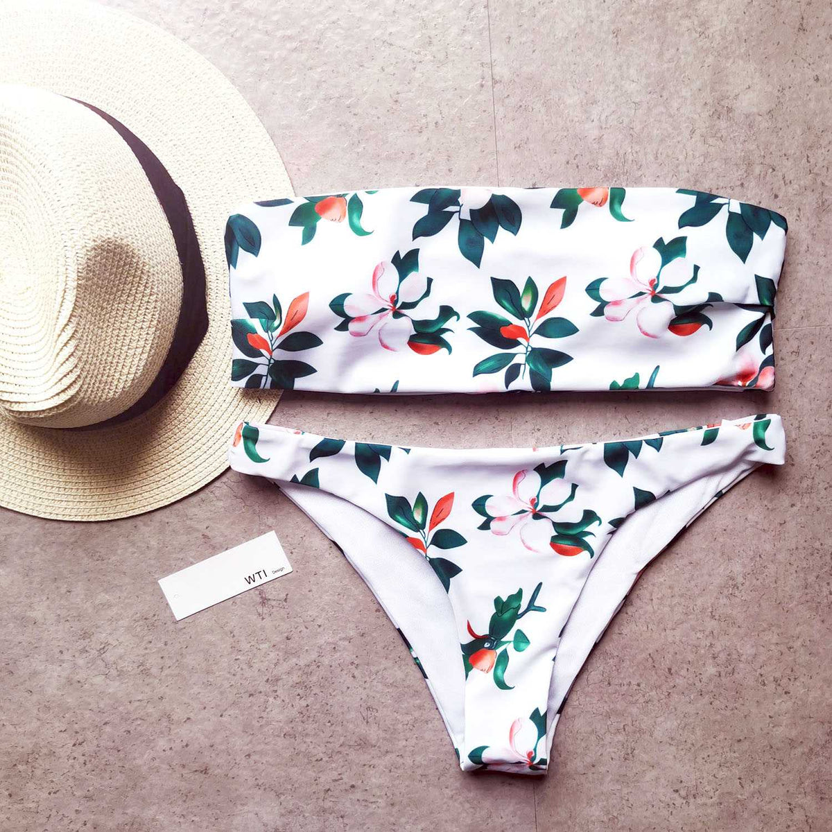 Floral Print High Cut Bandeaux Bikini Set - worthtryit.com