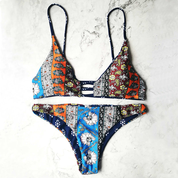 Reversible Floral Print Triangle Bikini Set - worthtryit.com