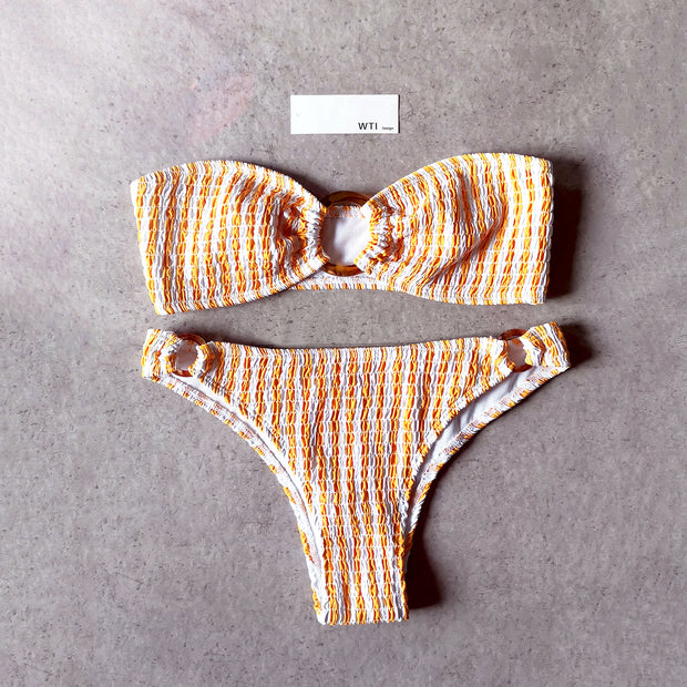 Stripes Scrunched Ring Bandeaux Bikini Swimsuit