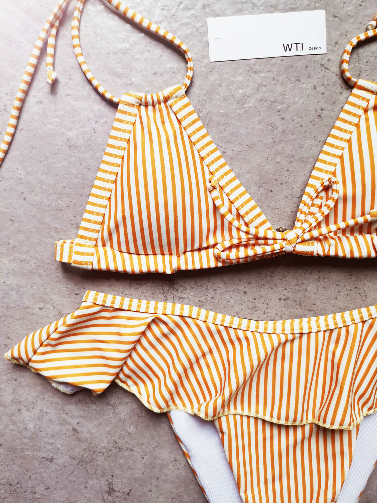 Yellow Stripes Ruffle Waisted Triangle Bikini Swimsuit - worthtryit.com