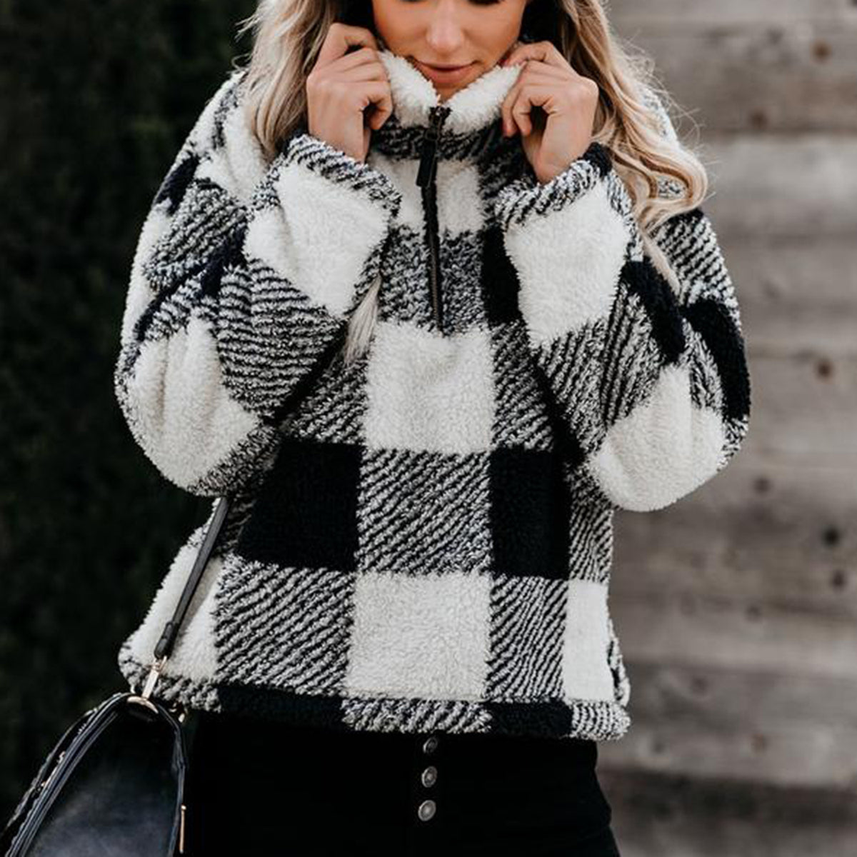 Checked Zip Stand-Up Fleece Sweater