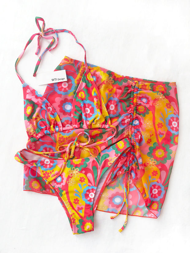 Abstract Floral Triangle Bikini With Mini Skirt