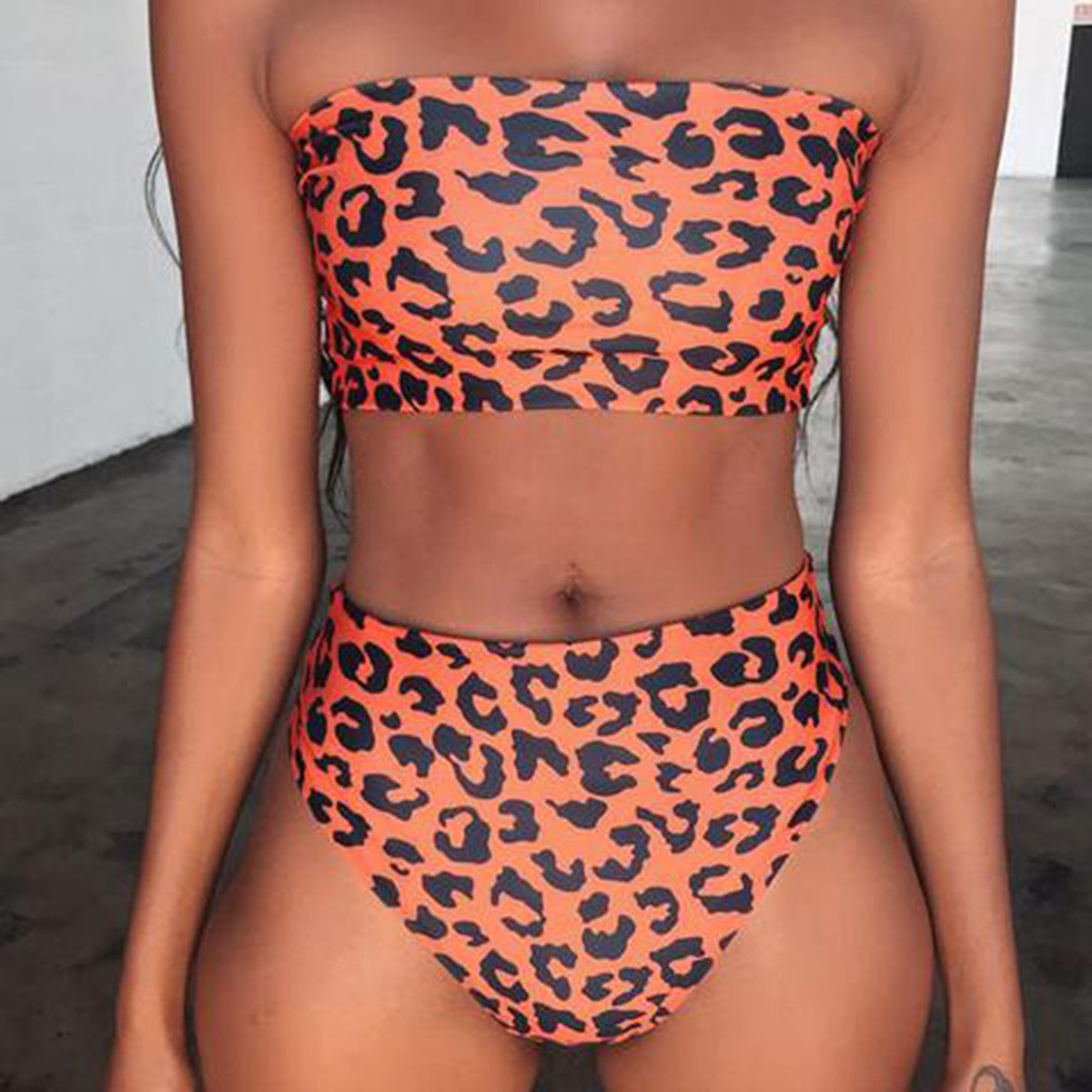 Animal Print High Waisted Bandeaux Bikini Swimsuit - worthtryit.com