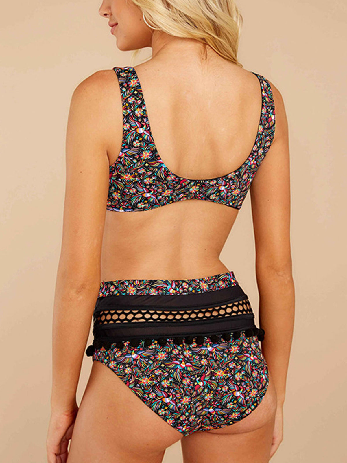 Cute Print Pom-Pom Front Tie High Waist Bikini Swimsuit HT20 - worthtryit.com