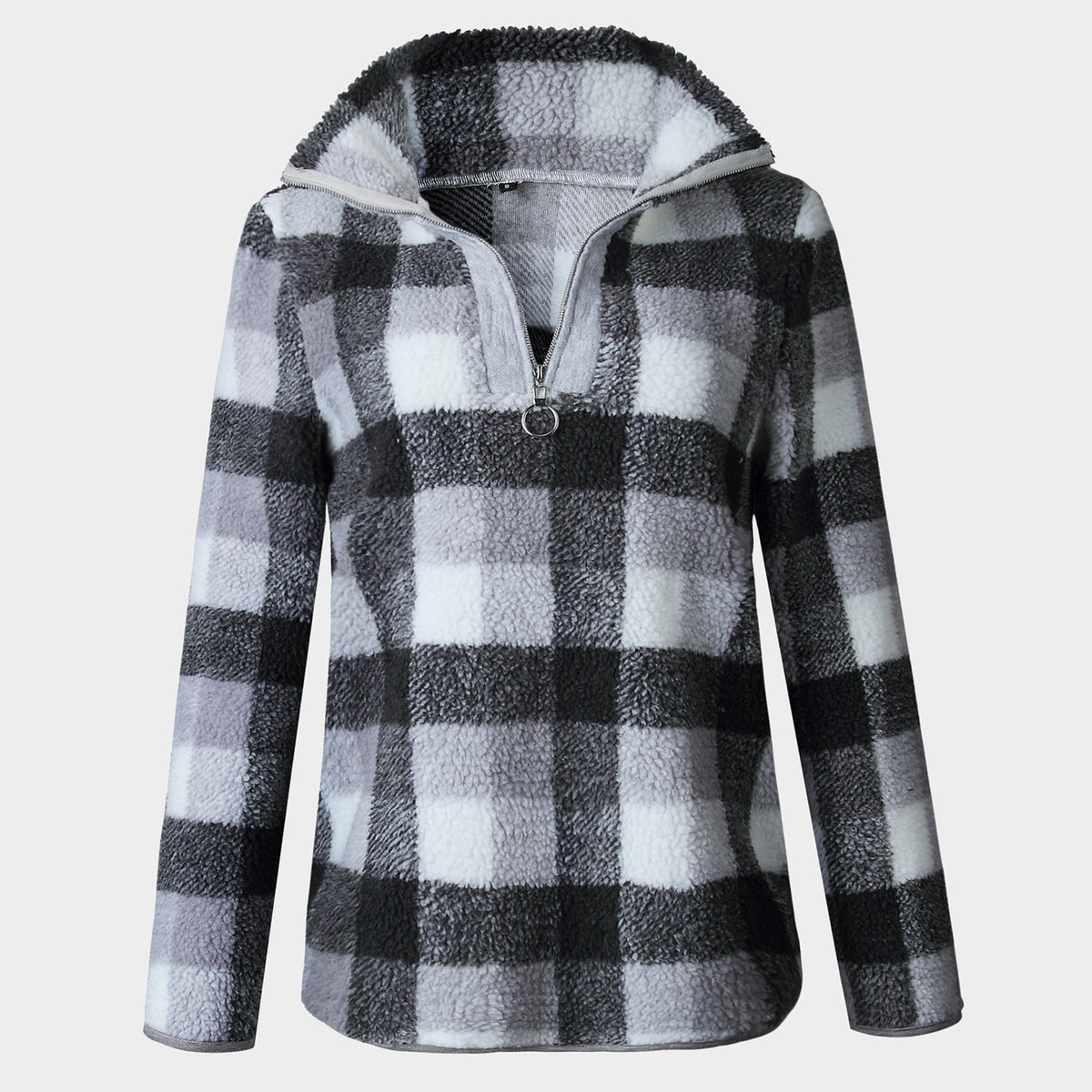 Checked Zip Stand-Up Fleece Sweater - worthtryit.com