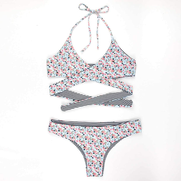 Reversible Floral Print & Stripes Lace Up Back L Space Swimwear - worthtryit.com
