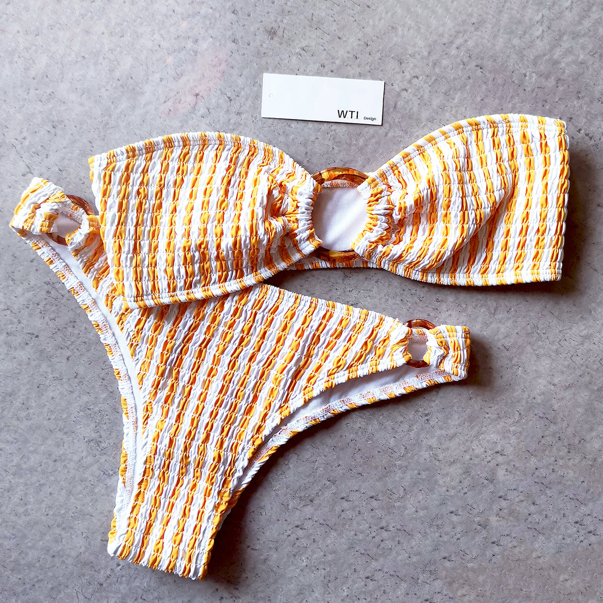 Stripes Scrunched Ring Bandeaux Bikini Swimsuit