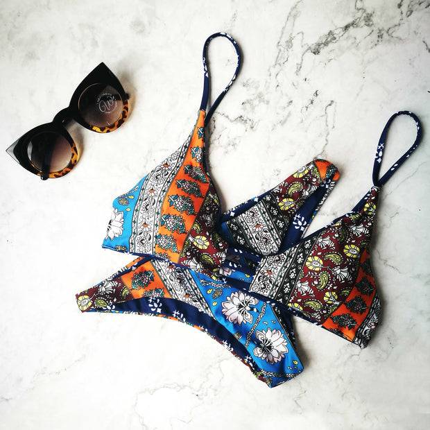 Reversible Floral Print Triangle Boho Bikini Set - worthtryit.com