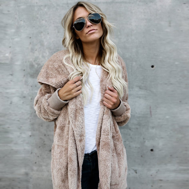 Revers Faux Fur Hoodie Coat - worthtryit.com