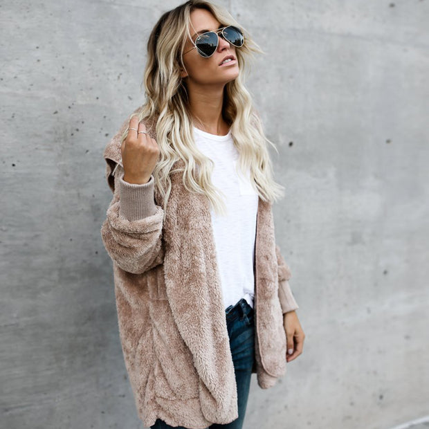 Revers Faux Fur Hoodie Coat - worthtryit.com