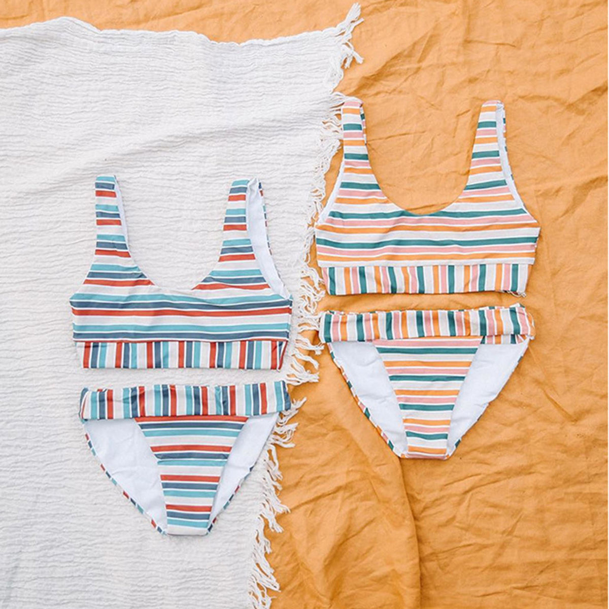 Rainbow Stripes Crop Top High Rise Bikini Set - worthtryit.com