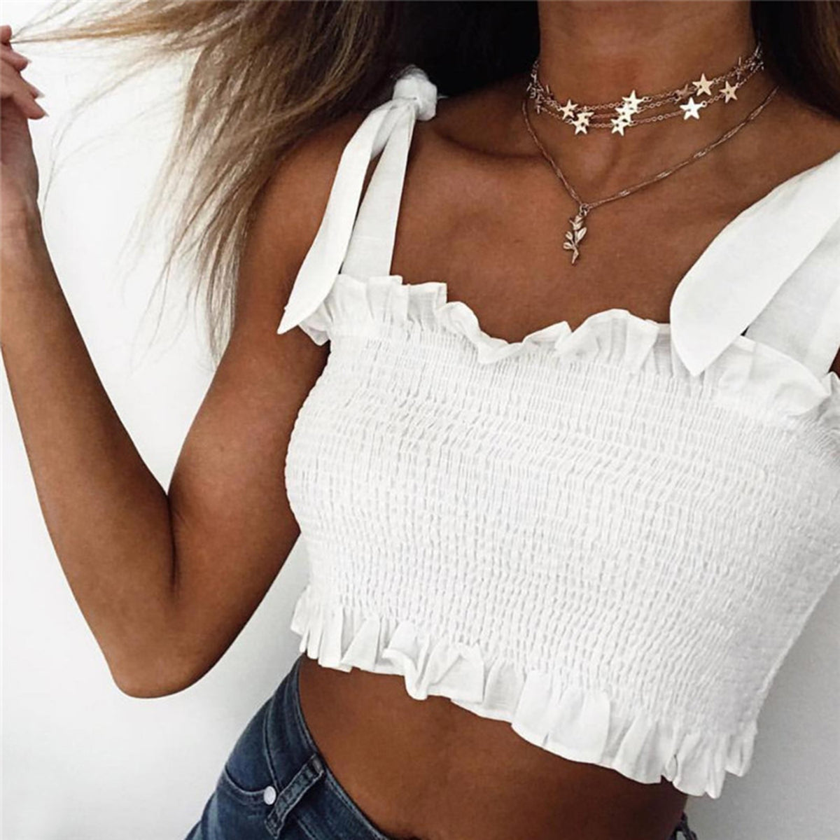 Cute Scrunch Ruffle Hem Bow Tie Shoulder Crop Top - worthtryit.com