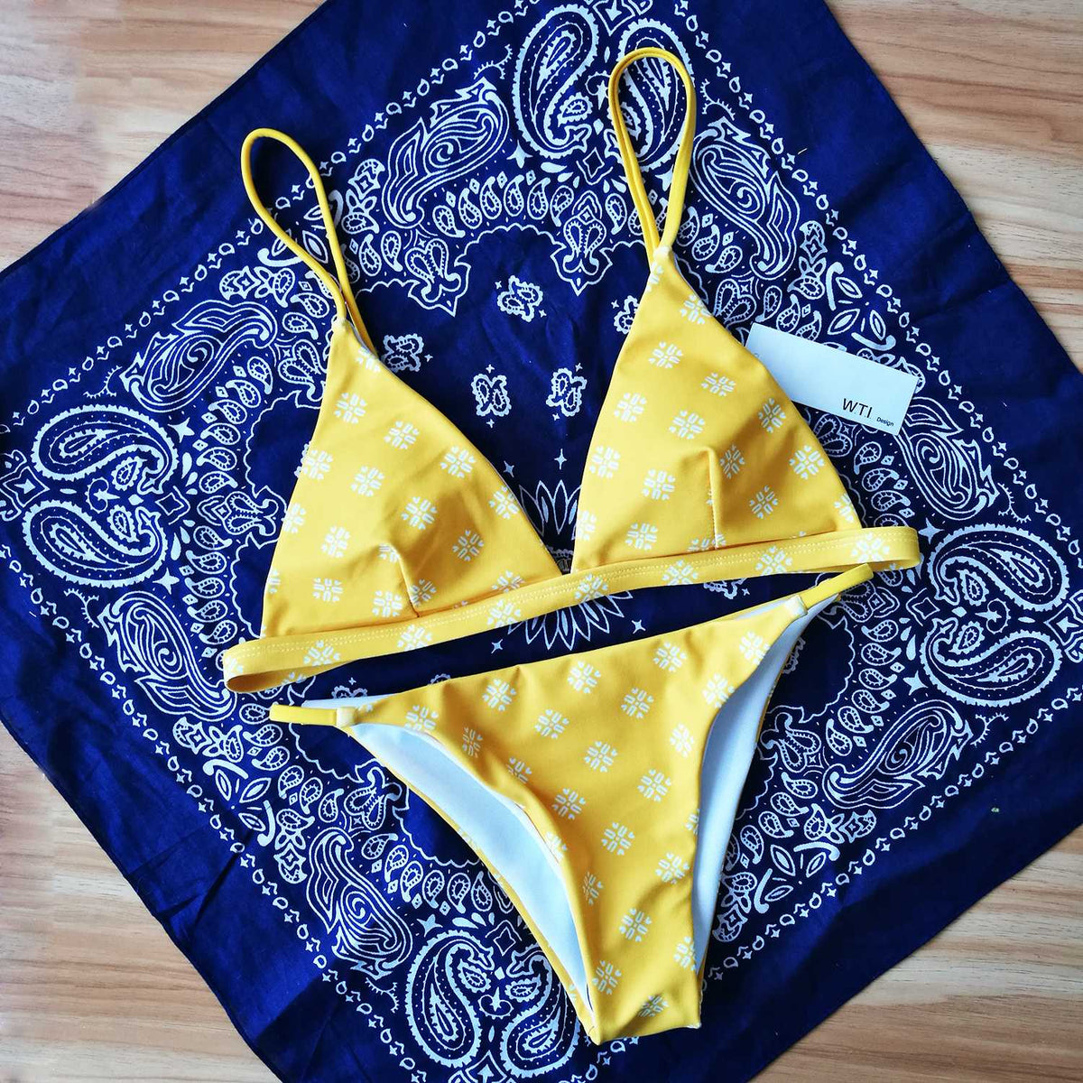 Exotic Print Triangle Bikini Set- Yellow - worthtryit.com