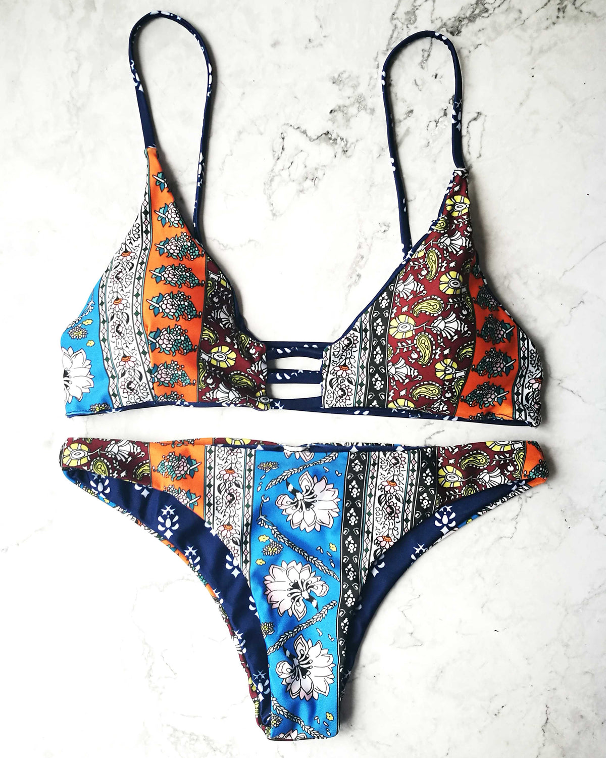 Reversible Floral Print Triangle Bikini Set - worthtryit.com