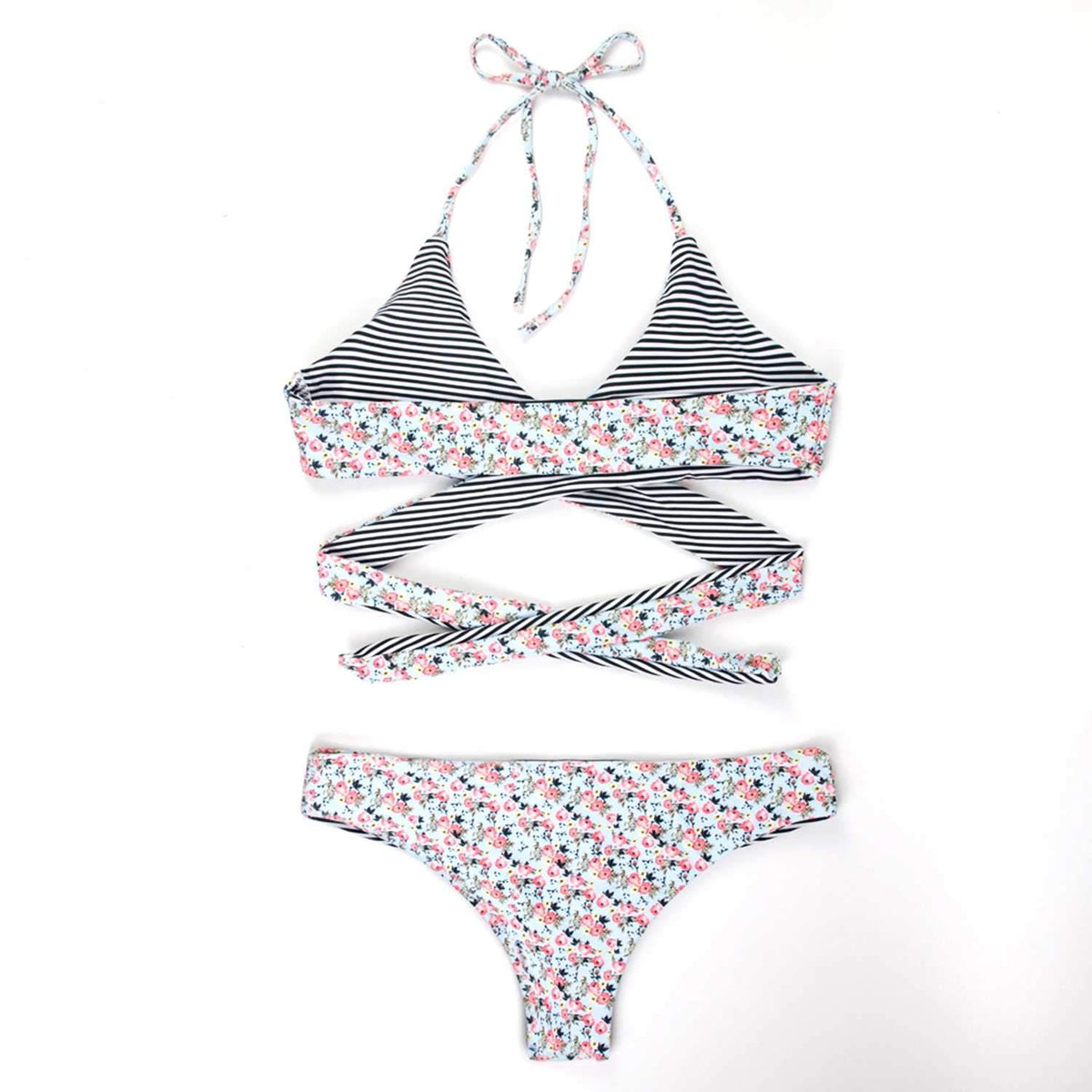 Reversible Floral Print & Stripes Lace Up Back L Space Swimwear - worthtryit.com