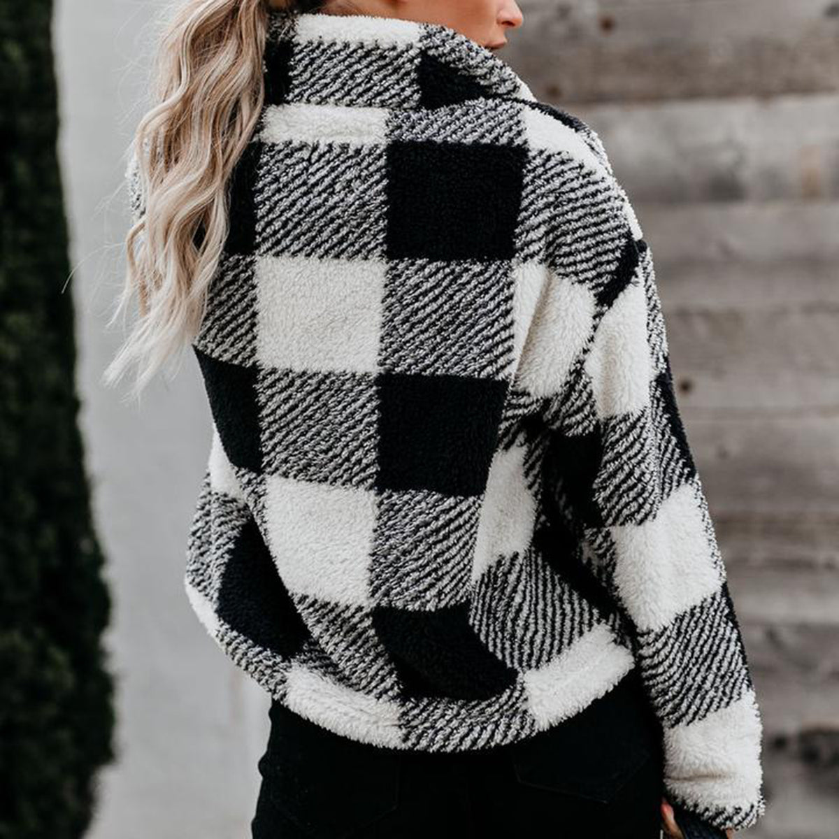 Checked Zip Stand-Up Fleece Sweater