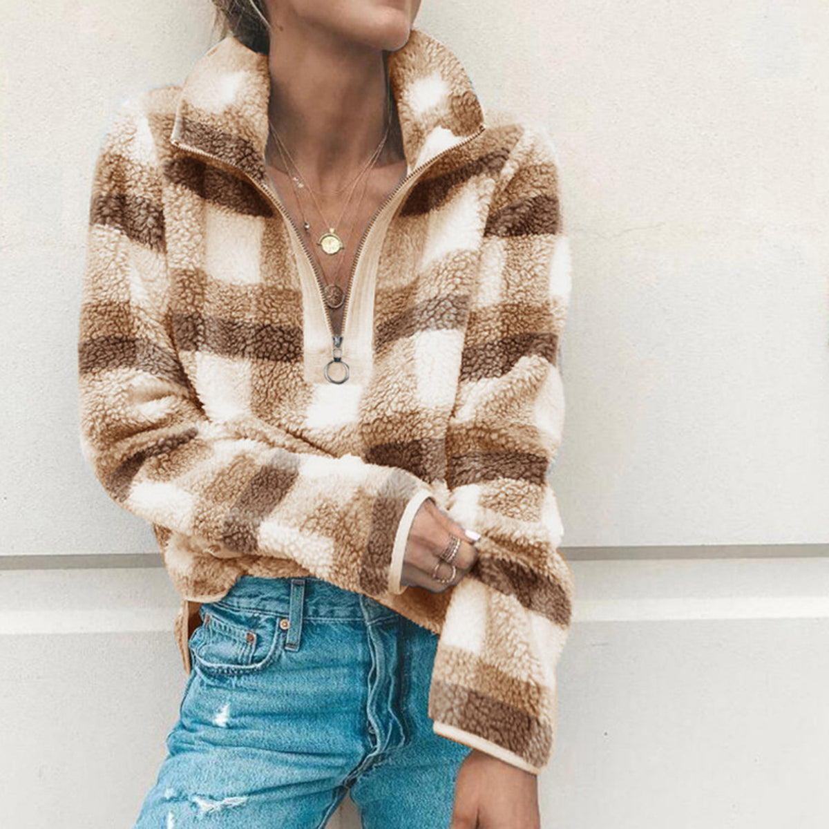 Checked Zip Stand-Up Fleece Sweater - worthtryit.com