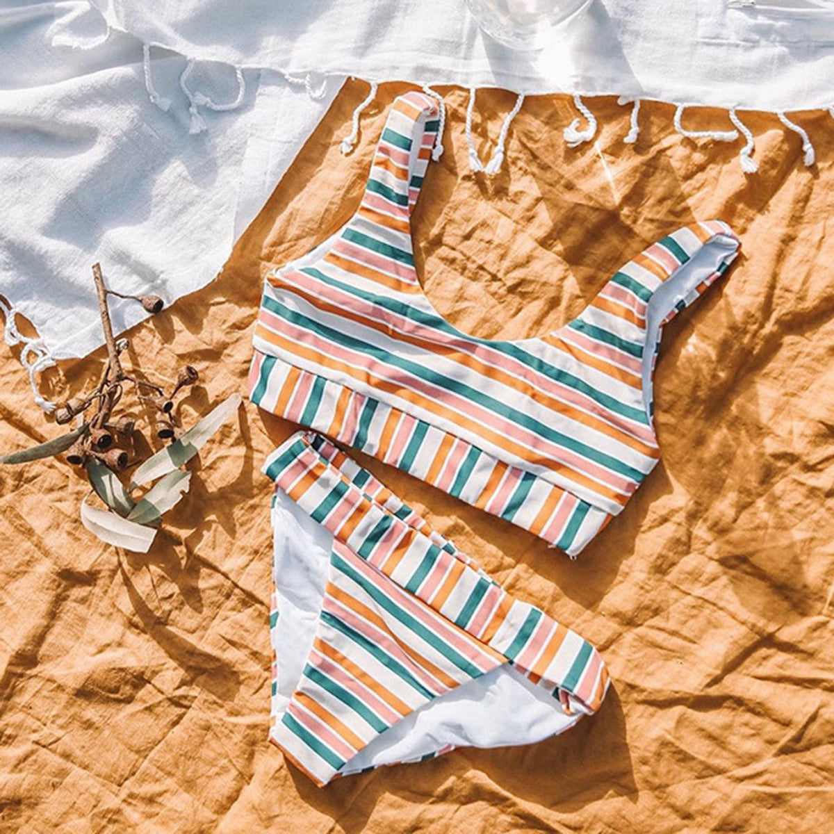 Rainbow Stripes Crop Top High Rise Bikini Set - worthtryit.com