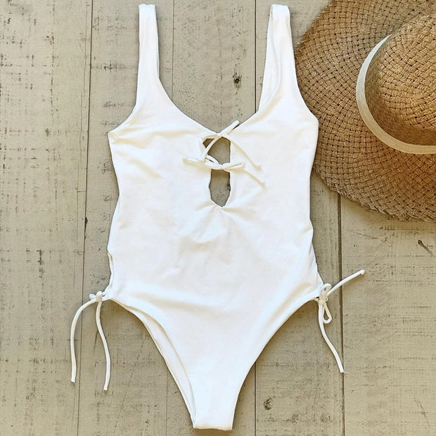 Solid Color Lace Up One Piece Swimsuit - worthtryit.com