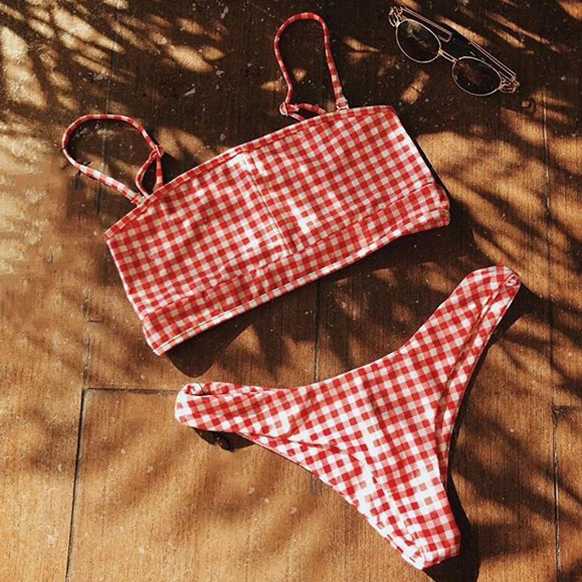 Red Gingham Crop Top High Cut Bikini Set - worthtryit.com