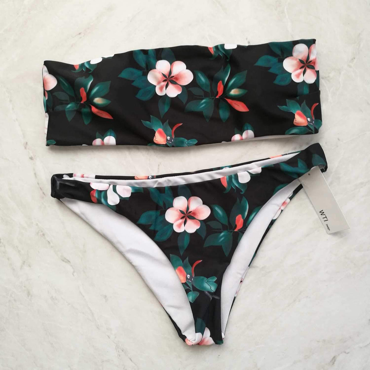 Floral Print High Cut Bandeaux Bikini Set - worthtryit.com