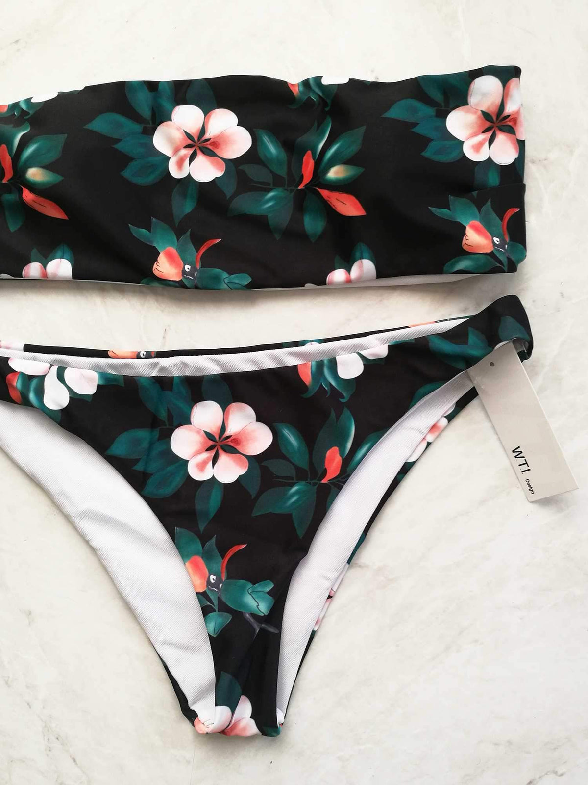 Floral Print High Cut Bandeaux Bikini Set - worthtryit.com